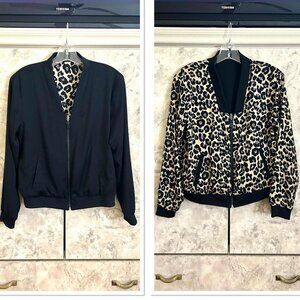 Stella & Dot Reversible Bomber Jacket; Black/Animal Print